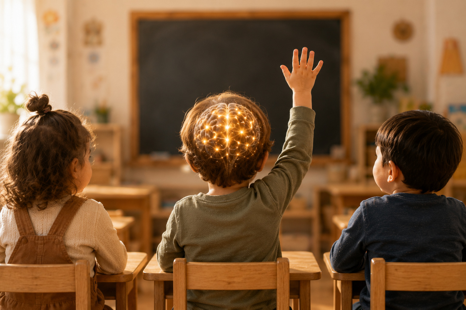 Three children seated at small desks, viewed from behind, raising a hand in a sunlit classroom